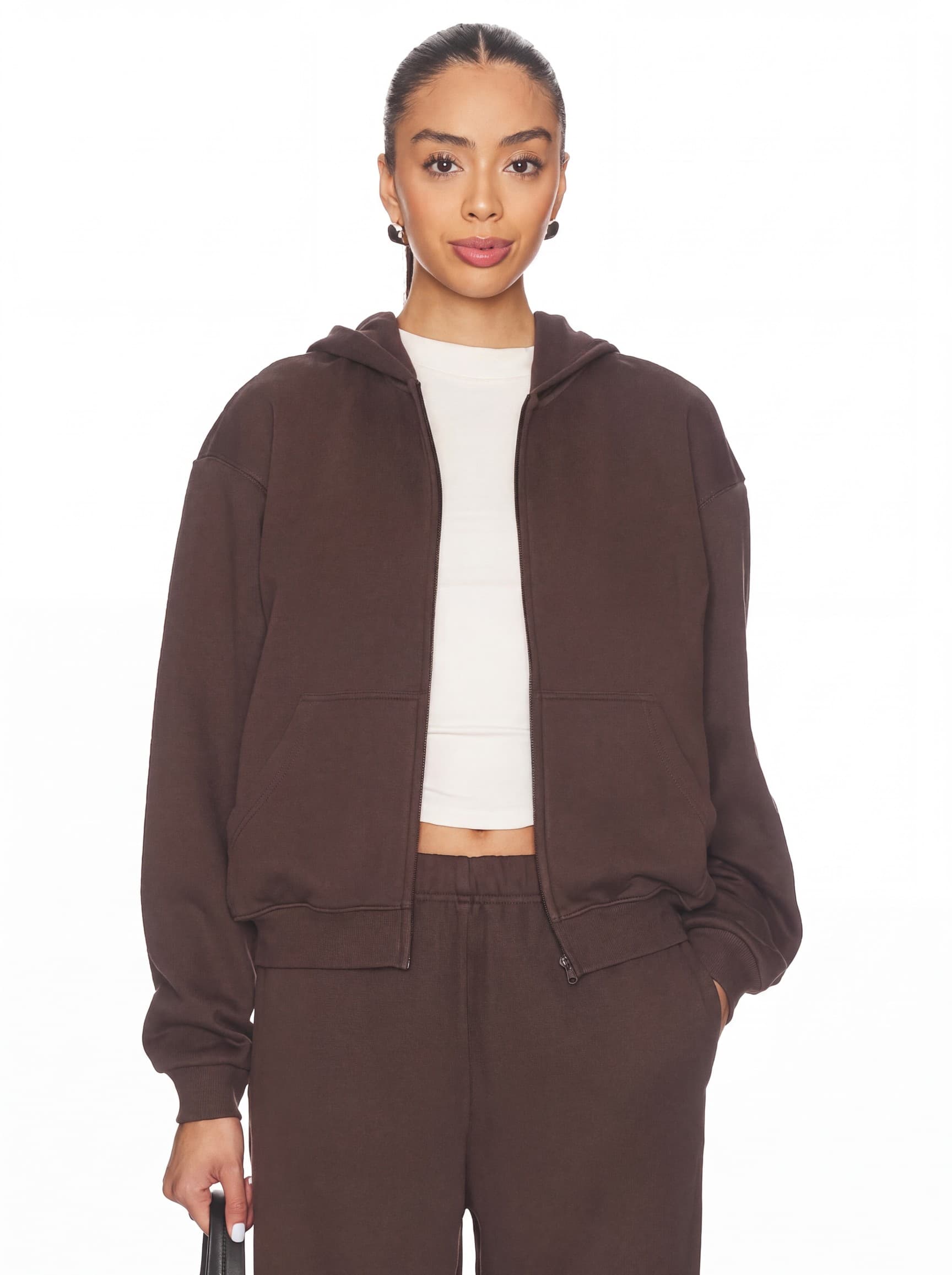 Cotton Fleece Classic Zip Up Hoodie, dark sepia